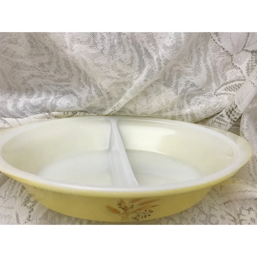 Vintage Glasbake, Yellow Wheat Design, Divided Casserole Dish,‎ Mid Century, USA